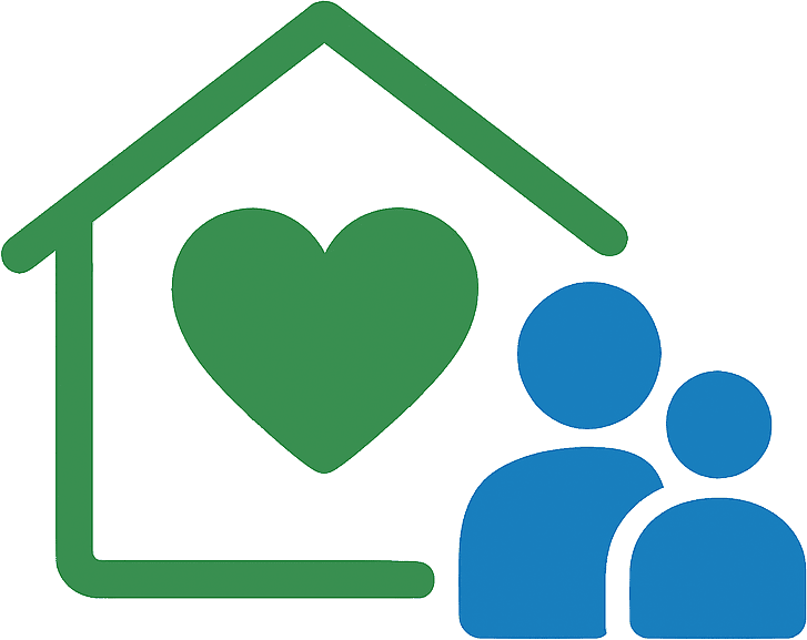 Ikona domu z rodziną symbolizująca zdrowie mieszkańców dzięki szczelnemu szambu i czystemu powietrzu w okolicach Wrocławia.